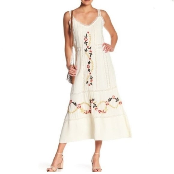 Nanette Lepore Dresses & Skirts - Nanette Lepore Embroidered Cream Boho Midi Dress Floral And Lace Accents Size 6